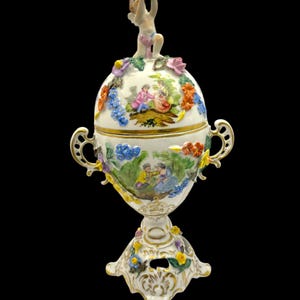 Antique Carl Thieme Dresden Porcelain Covered Vase with Cherub Finial - 26 cm / 10.2 inches