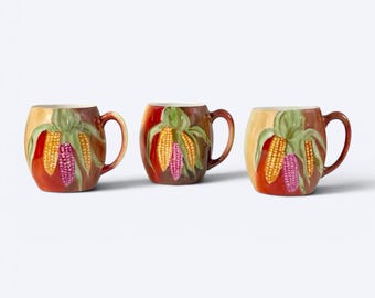 Set of 3 Antique Tressemanes & Vogt Limoges Hand Painted Corn Motif Mugs, France Circa 1892–1907