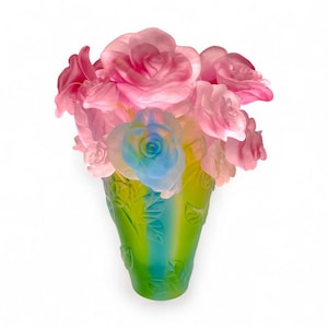 Daum France Signed ‘Roses Passion’ Vase – Multicolor Pâte de Verre Crystal Glass Sculpture – Pink Green Blue – 18 cm - 7 1/16 inches