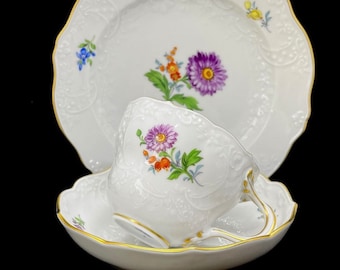 Rare Meissen Hand Painted Embossed Trio Tea Cups