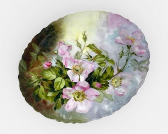 Antique Jean Pouyat Limoges Porcelain Display Tray / Charger Hand Painted Wild Roses, Artist Signed, France ca. 1905–1911