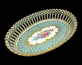 Antique Carl Thieme Potschappel Dresden Reticulated Porcelain Oval Basket Germany Turquoise Blue Ca. 1920s
