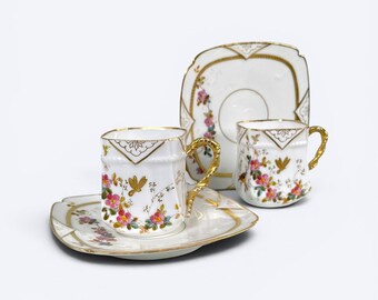 Antique Paris Porcelain Demitasse Cup & Saucer c. Late 1800s Hand Painted Gilt France