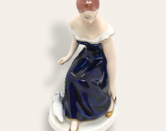 Royal Dux Czechoslovakia Bohemia Handcrafted Porcelain Figurine - Cobalt Blue Lady with Doves