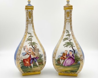 Antique Dresden Tradition Porcelain Rare Lidded Vases Pair 1870s Joseph Schachtel Silesia Hand Painted Gilt Cobalt Blue German Porcelain
