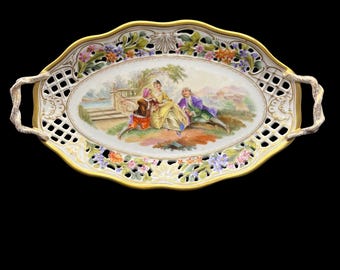 Carl Thieme Potschappel Dresden Porcelain Reticulated Tray – Hand-Painted Floral & Courting Scene – Early 1900s – 27 cm x 14.5 cm