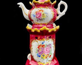 Antique Couleuvre French Porcelain Tea/Herbal Infusion Pot with Warmer - Hand-Painted with Gold Gilt - 25.5 cm / 10 inches
