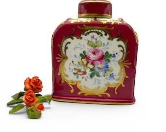 Antique Limoges Porcelain Tea Caddy, Cranberry Red & Gilt Floral Tea Jar, Decor Main, France - 810 ml, 17 cm / 6.7 inches