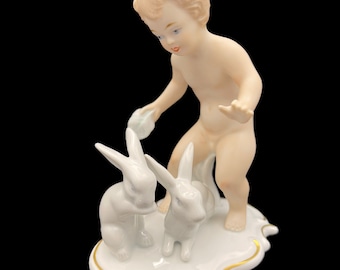 Charming Wallendorf Porcelain Figure, Cherub Boy with Rabbits, 15.5 cm, German Craftsmanship