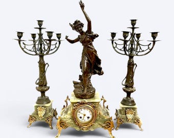 Ernest Rancoulet Antique Nouveau Bronze & Onyx Mantel Clock Garniture Set  "La Pensée" – 3 Piece Clock Set, 2 Candelabra, Circa 1900