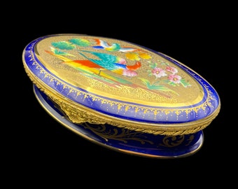 Antique Le Tallec Paris Porcelain Jewelry / Trinket Box - Phoenix Birds Theme - Hand Painted & Gilt Decorated
