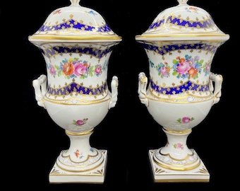 Pair Of Antique Dresden Carl Thieme Porcelain Urns With Lids – Hand Painted Floral – 24.5 Cm / 9.65 Inches – Germany