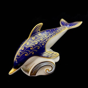 Royal Crown Derby Dolphin Imari Paperweight Cobalt Blue Figurine with Gold Stopper