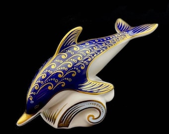 Royal Crown Derby Dolphin Imari Paperweight Cobalt Blue Figurine with Gold Stopper