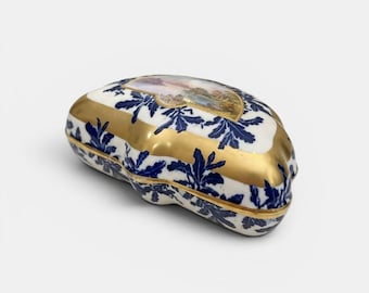 Antique Coalport Porcelain Bonbonniere Trinket Box Hand Painted Gilt Blue White England Jewelry Box Vintage Collectible