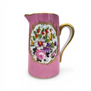 Jarra antigua de porcelana de Limoges de Andre Giraud, pintada a mano con motivos florales, decoración dorada sobre fondo rosa, francesa de la década de 1920.