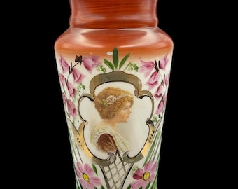 French Opaline Milk Glass Vase with Hand-Painted Portrait