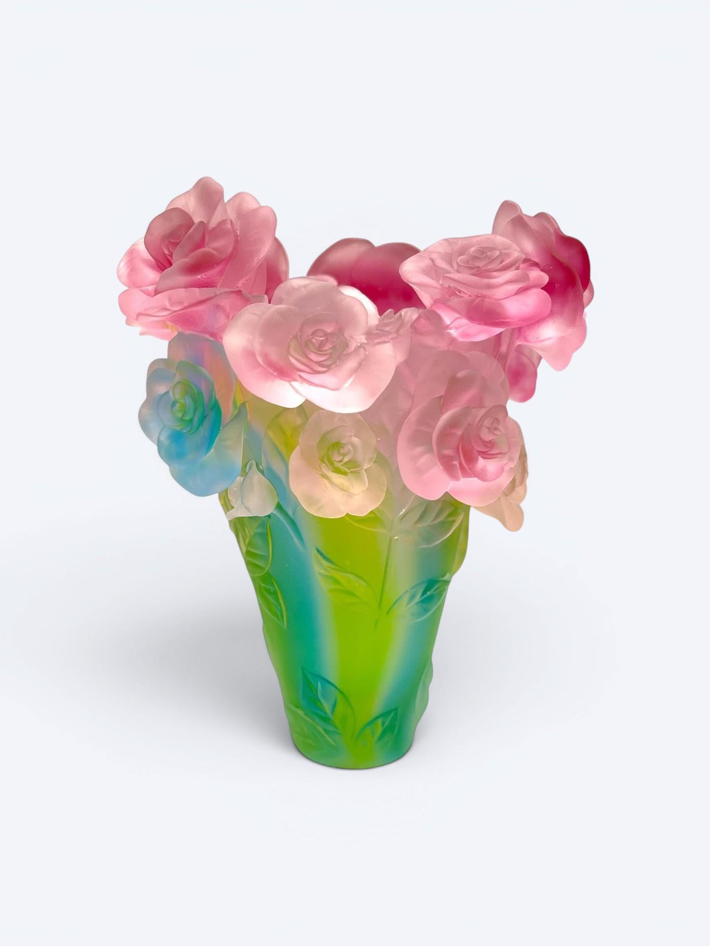 Daum France Signed 'roses Passion' Vase – Multicolor Pâte De Verre