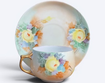 Antique J&C Bavaria Hand Painted Porcelain Tea Cup and Saucer Set – Yellow Rose Floral Decor – Germany 1898–1923