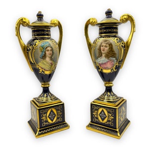Pair of Royal Vienna Austrian Small Antique Portrait Vases Urns