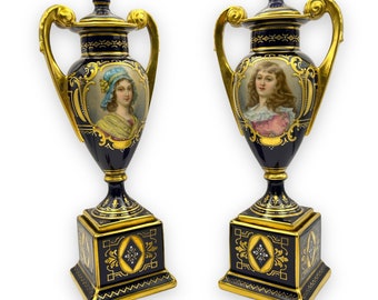 Pair of Royal Vienna Austrian Small Antique Portrait Vases Urns