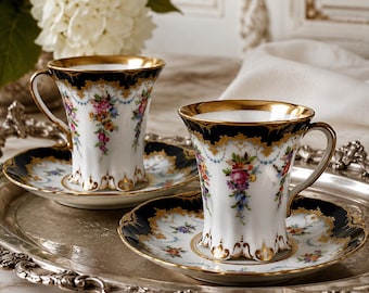 Antique Rosenthal Versailles Chocolate Cup & Saucer, Dresden Hand Painted Floral Porcelain, Heavy Gold Gilt, Germany 1891–1906