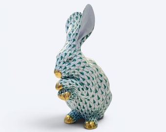 Herend Hungary Fishnet Rabbit Figurine VHB Green Porcelain Bunny with 24K Gold Accents Hand Painted Collectible Sculpture 15.5 cm / 6 inches