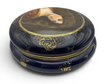 Large 19th Century Royal Vienna Porcelain Jewelry Box, Cobalt Blue & Gilt Portrait Bonbonnière, Austria
