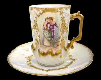 Antique Elite Limoges France Chocolate Cup & Saucer, Hand Painted Romantic Scene, Heavy Gilt Porcelain, c. 1896–1900