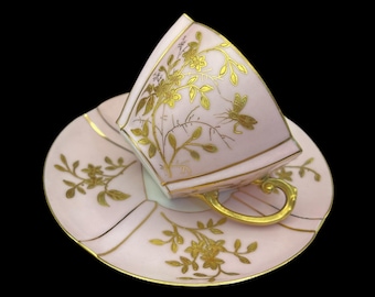Antique (Unmarked) Limoges Pink Porcelain Cup & Saucer – Hexagonal Form with Gilt Floral Design