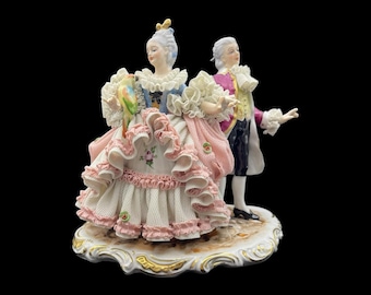 Wilhelm Rittirsch Dresden Art Porcelain Lace Figurine with Parrot, Rococo Aristocratic Couple, Handcrafted German Porcelain Sculpture