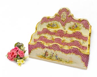 Rare 19th Century Dresden Porcelain Antique Letter Holder – Hand-Painted with Rococo Scenes and Gilt Detailing