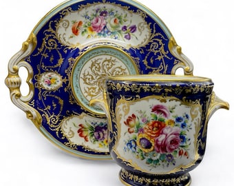 Antique Le Tallec Paris Hand-Painted Porcelain Cachepot & Tray, Cobalt Blue and Gold, Large Jardinière, French Luxury