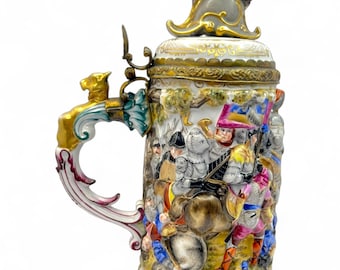 Rare Volkstedt Antique Porcelain Tankard - Stein - Hand-Painted, High Relief Battle Scene - 26 cm (10 1/4) Tall - 1.2 Liter (0.32 Gallon)