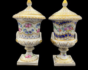 Antique Carl Thieme Potschappel Dresden Porcelain Covered Urns, Hand Painted Floral Lidded Vases, German Porcelain Pedestal Garniture Pair