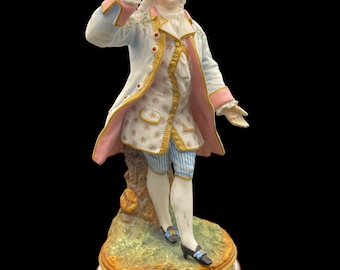Antique Paris Porcelain Bisque Figurine: 19th Century Handcrafted Hand-Painted Biscuit Porcelain Nobleman with Monocular, Enamel Details