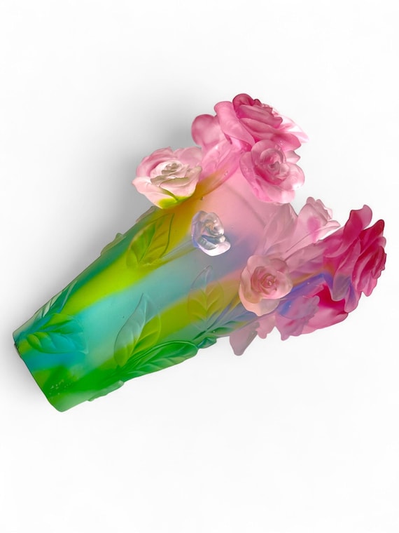 Daum France Signed 'roses Passion' Vase – Multicolor Pâte De Verre