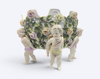 Rare Antique Sitzendorf Porcelain Cherub Centerpiece, Jardiniere, Germany, Circa 1884-1902
