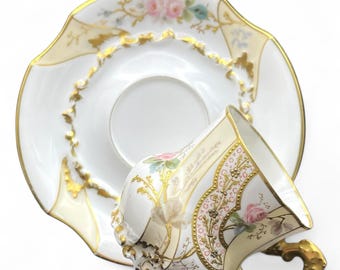 Antique Hand-Painted Porcelain Scalloped Cup and Saucer Unmarked Limoges