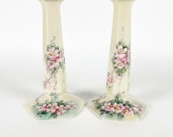 Antique Belleek Lenox Ceramic Art Co Candlestick Pair, c.1906–1924, Hand Painted Floral Porcelain, Art Nouveau Candle Holders