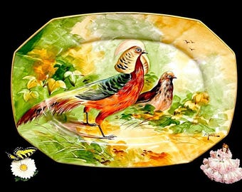 Huge Antique French Limoges Hand-Painted Wall Plate, 45x33 cm (17.7x13 inches), Gold Gilded with Exotic Golden Pheasants, Artist-Signed