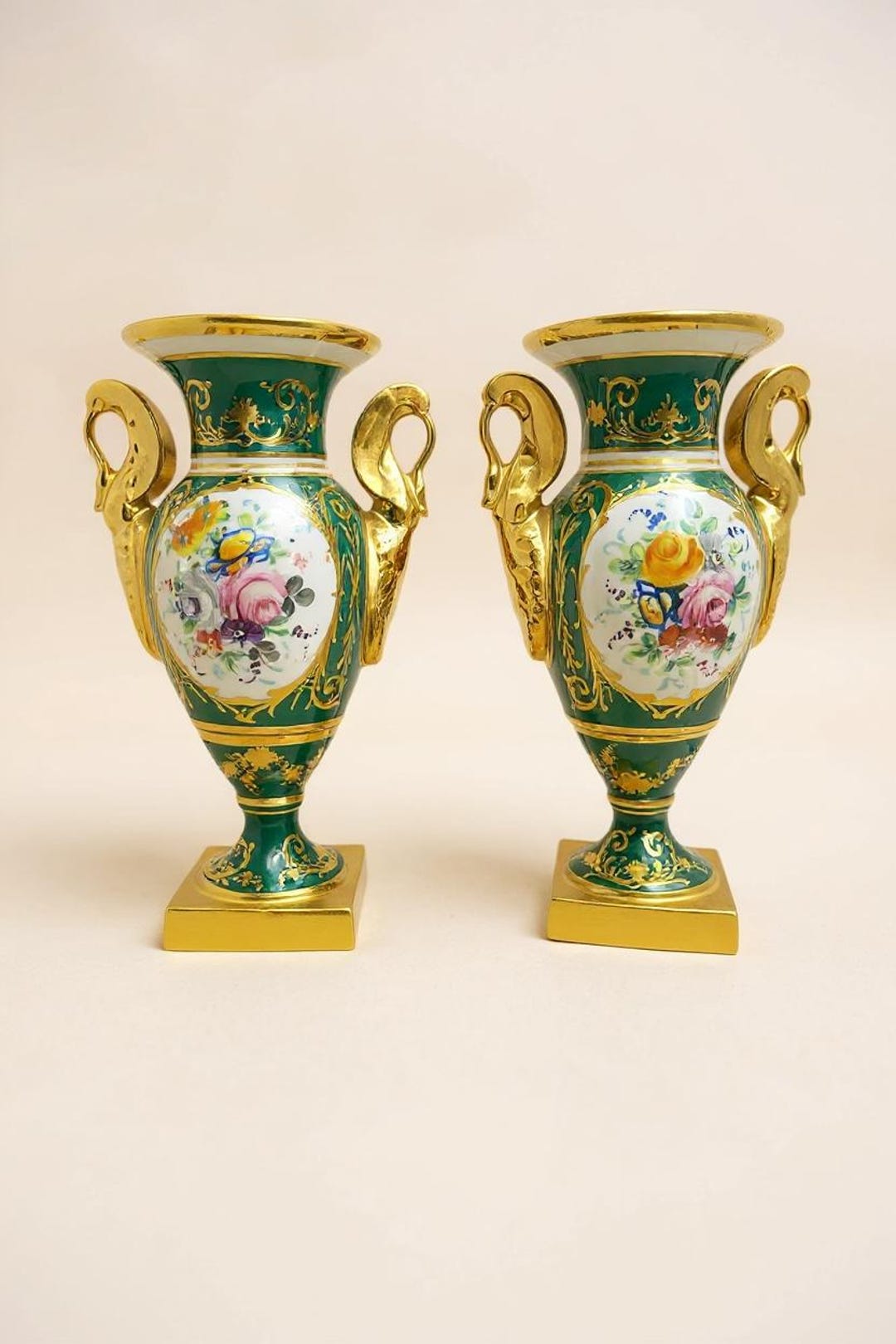 Pair of Le Tallec Paris Green & Gold Swan Handle Porcelain Vases