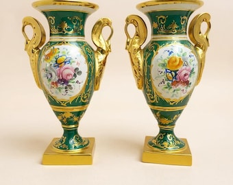 Pair of Le Tallec Paris Green & Gold Swan Handle Porcelain Vases – 8″ (20.5 cm) Hand-Painted Floral Urns