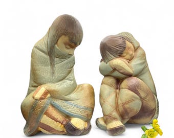 Large 30 cm (11.8 inches) Pair of Hand-Painted Spanish Lladro Porcelain Eskimo Figurines