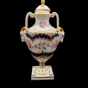 Antique Carl Thieme Dresden Hand-Painted Porcelain Vase with Ram Handles - 19.5 cm / 7.7 inches