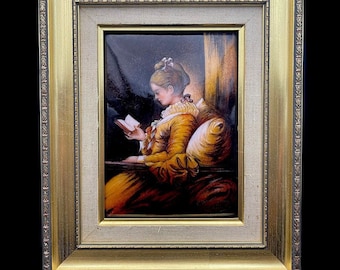 Limoges Emaille Wanddekoration - Jean-Honoré Fragonard Reproduktion „Ein junges Mädchen beim Lesen“.