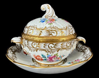 Carl Thieme Potschappel Dresden Covered Tureen With Underplate, Hand Painted Porcelain, Heavy Gilt, Germany c. 1920s