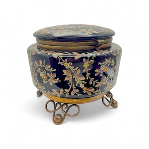 Antique 19th Century Bohemian Hand-Painted Glass Box With Enamel Floral and Bird Motifs – Purple Interior – Gilt Bronze Mounts – Collectible