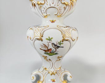 Jarrón de porcelana Herend Rothschild con diseño de pájaros pintado a mano – 27,5 cm (10,8 pulgadas) – Hungría – Decoración rococó – Dorado – Una pieza llamativa de gran tamaño