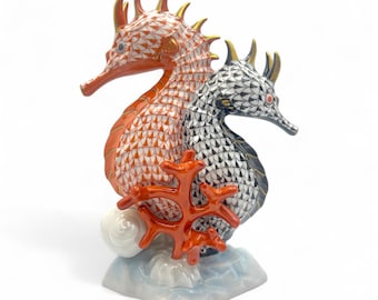 Rare Herend Hungary Fishnet Seahorse Figurine Pair – Orange & Black – Model 5327/VHN - Hand Painted - 18 cm - 7 1/16 inches